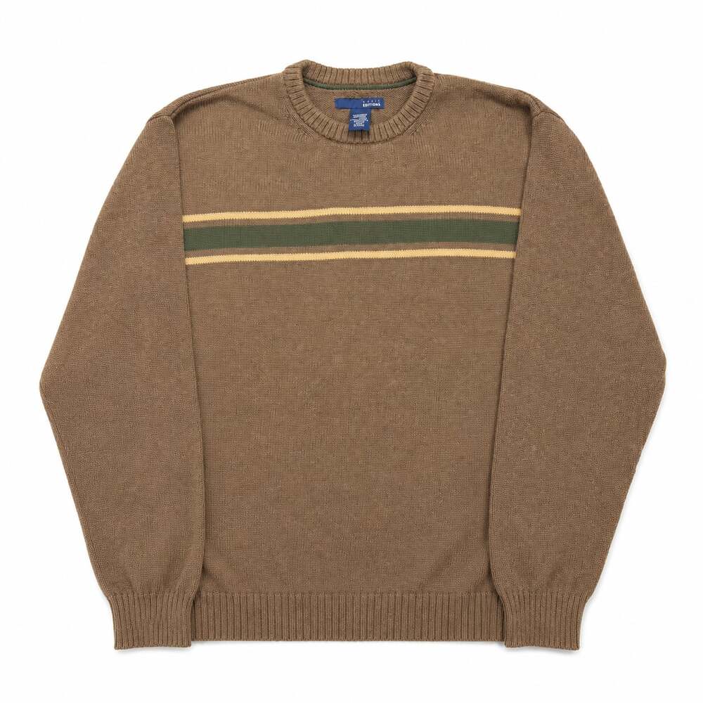 Vintage 90s / Y2K Basic Editions Men's Brown Striped Cotton Crewneck Sweater Siz
